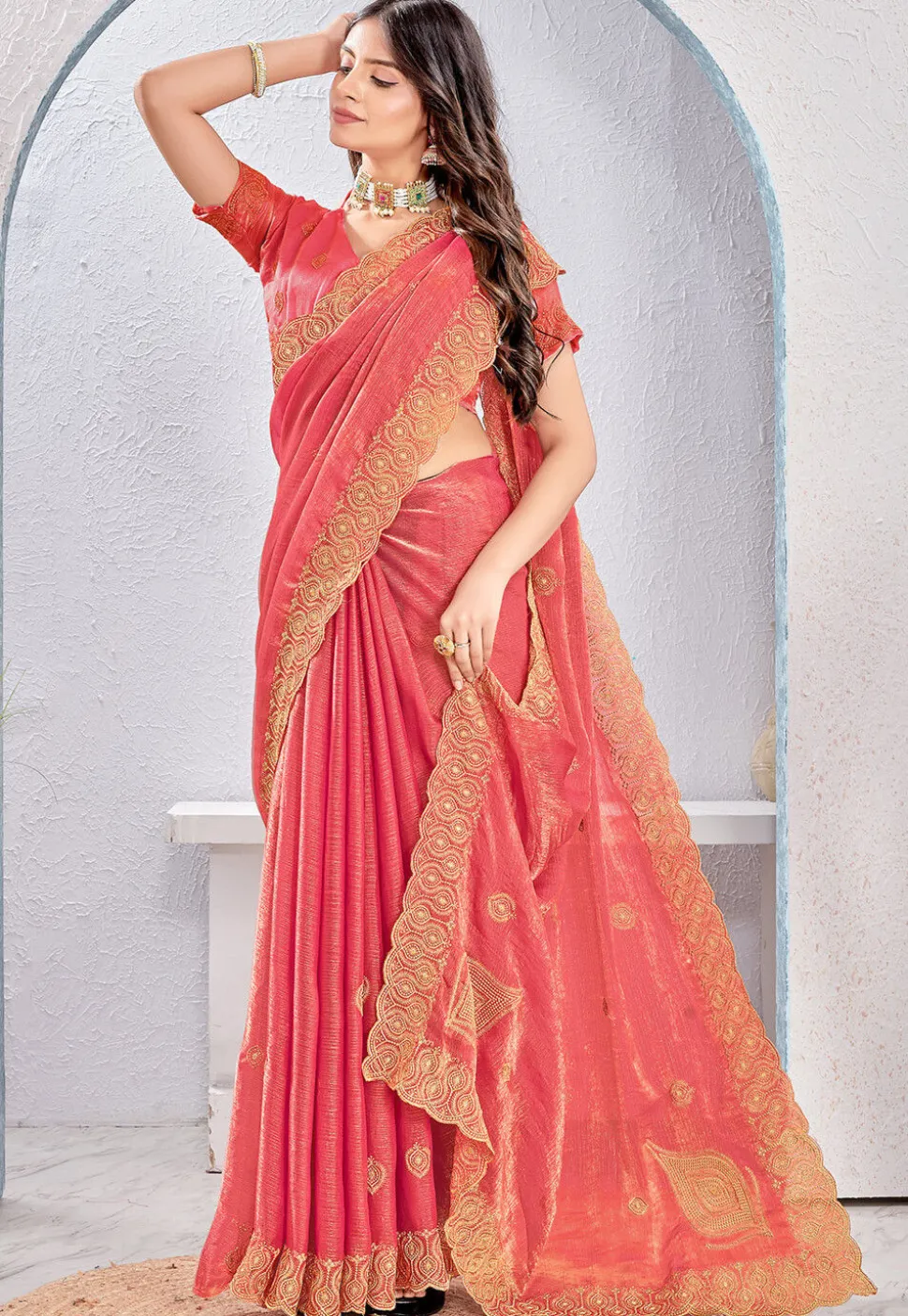 Embroidered Tissue Silk Saree in Peach