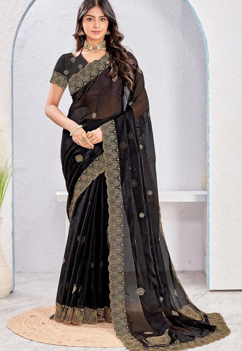 Embroidered Tissue Silk Saree in Black
