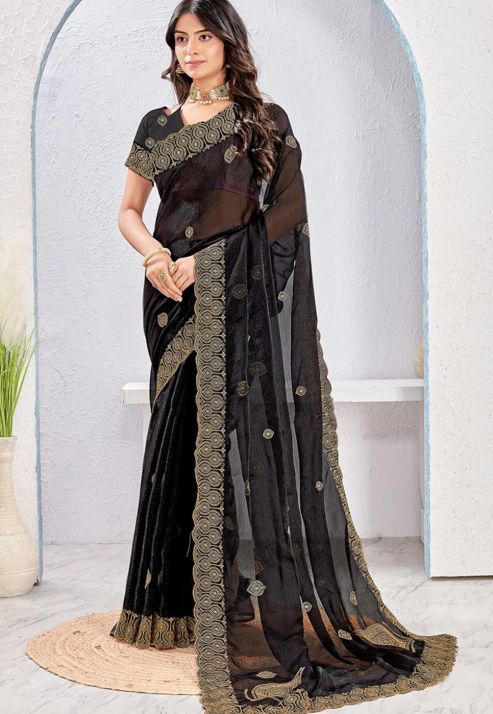 Embroidered Tissue Silk Saree in Black