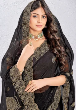 Embroidered Tissue Silk Saree in Black