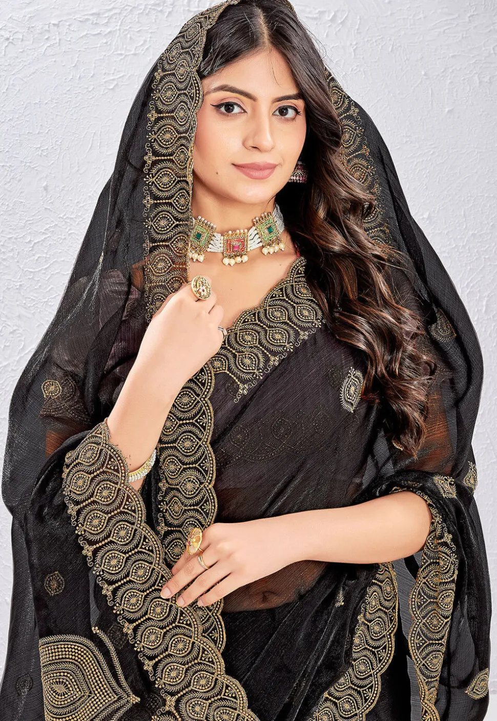 Embroidered Tissue Silk Saree in Black