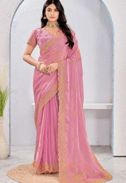 Embroidered Tissue Silk Saree in Pink