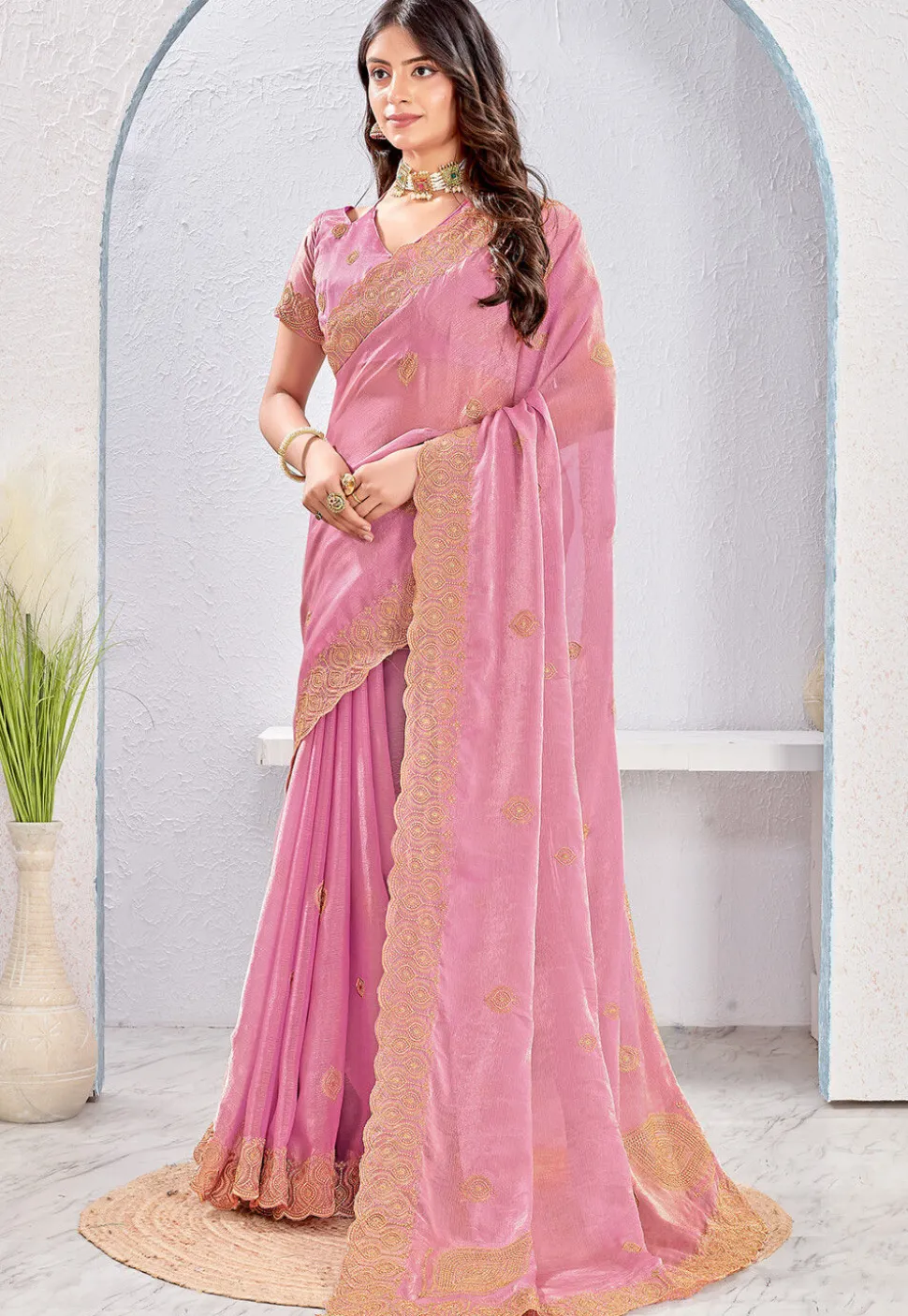 Embroidered Tissue Silk Saree in Pink
