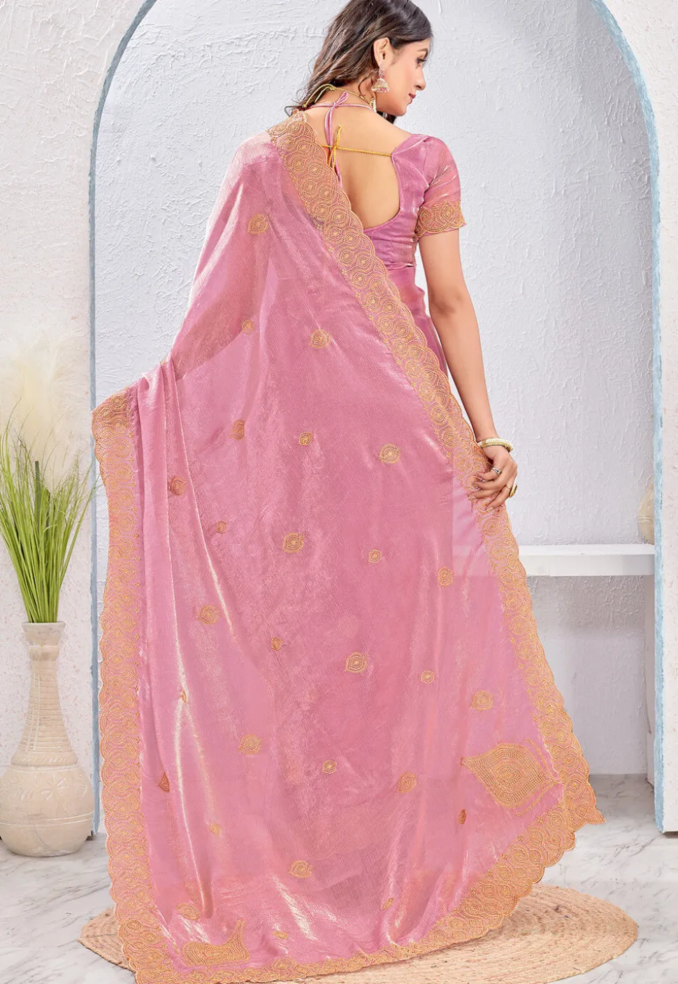 Embroidered Tissue Silk Saree in Pink