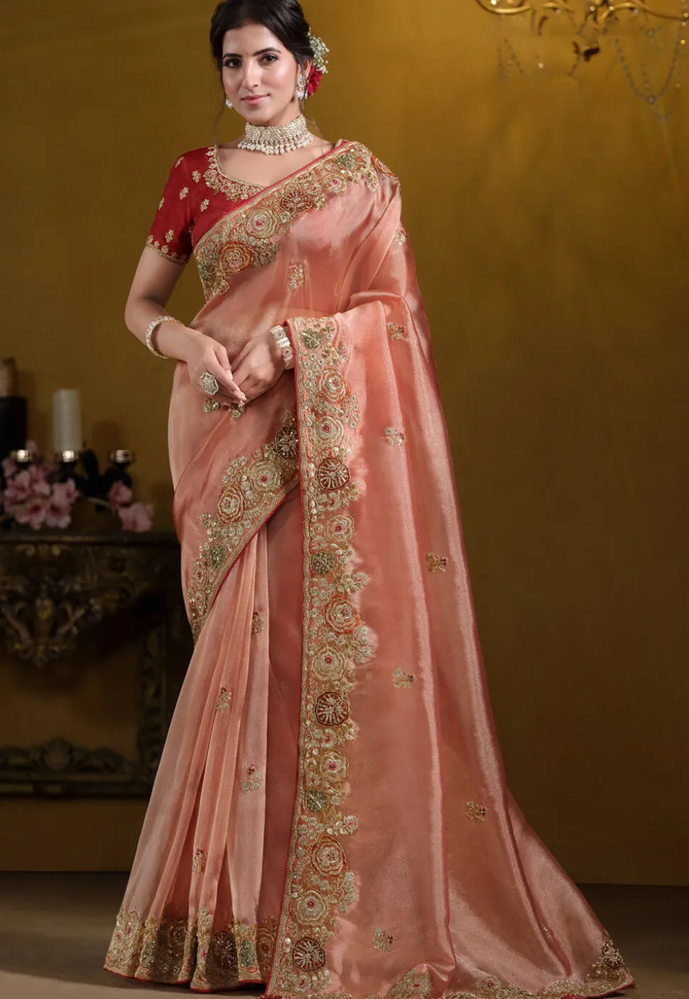 Embroidered Tissue Silk Saree in Peach