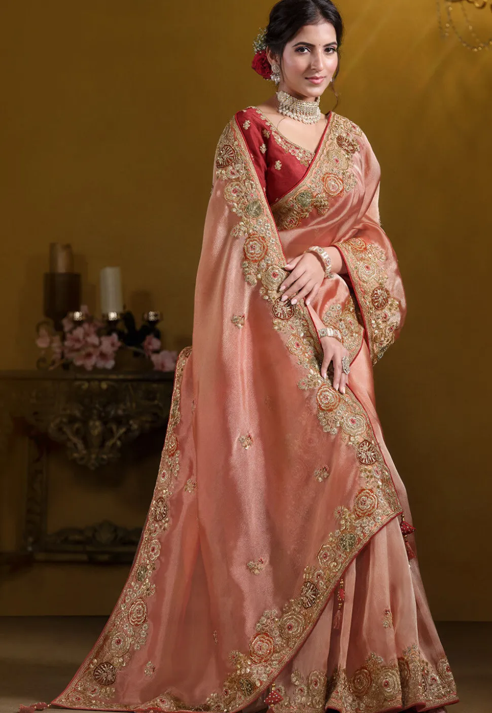 Embroidered Tissue Silk Saree in Peach