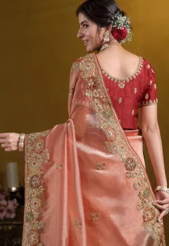 Embroidered Tissue Silk Saree in Peach