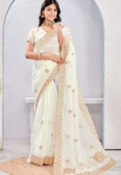 Embroidered Tissue Silk Saree in Off White