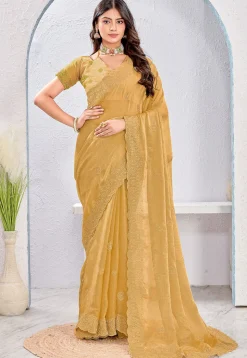 Embroidered Tissue Silk Saree in Beige
