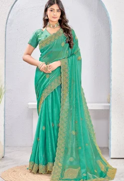 Embroidered Tissue Silk Saree in Teal Green