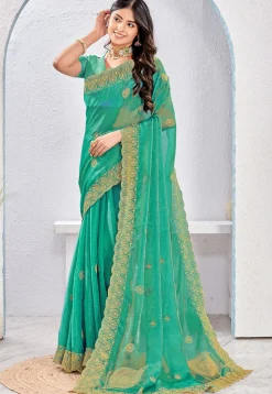 Embroidered Tissue Silk Saree in Teal Green