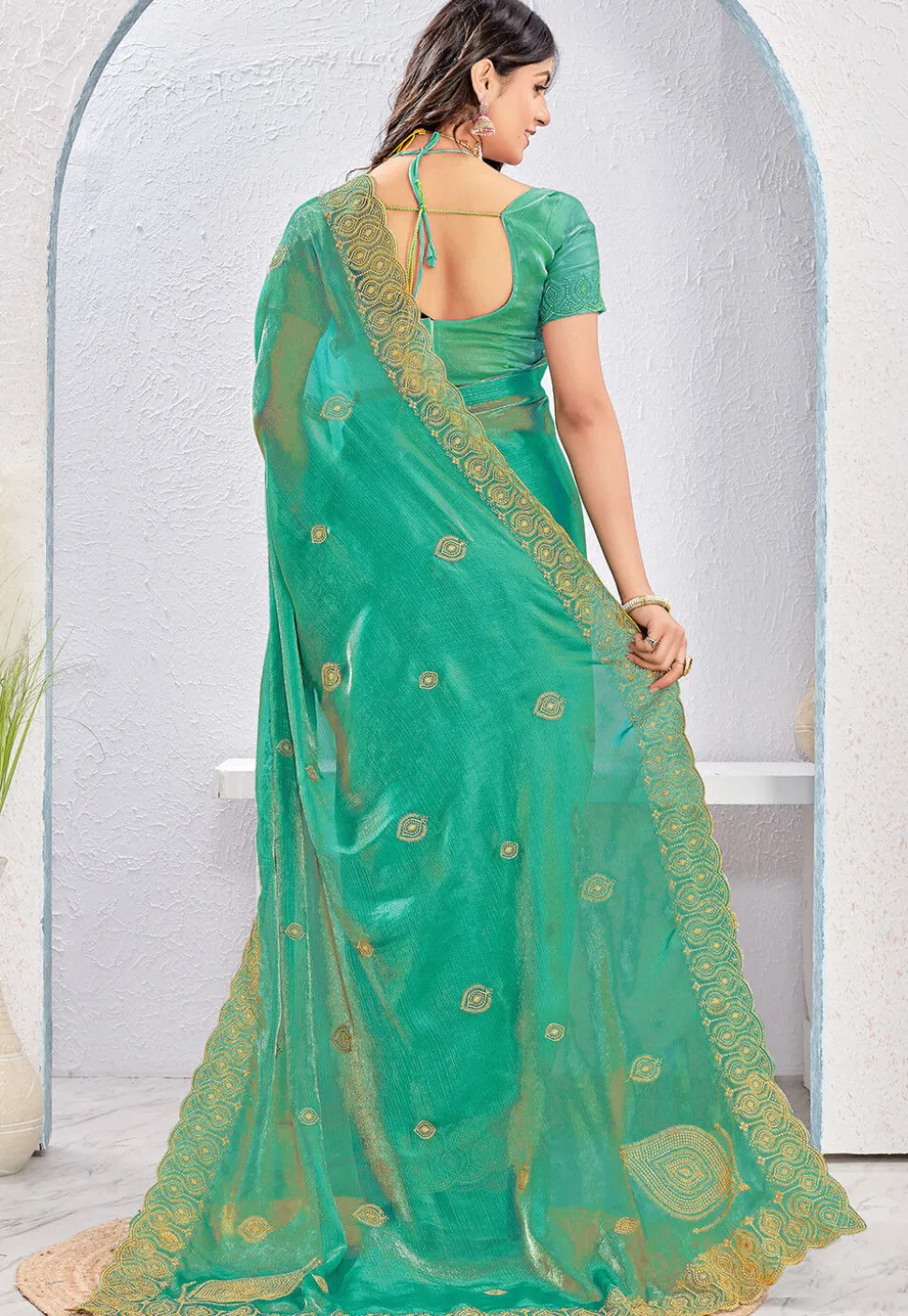 Embroidered Tissue Silk Saree in Teal Green