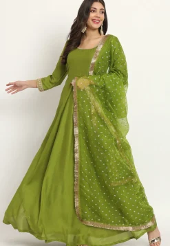 Embroidered Trim Art Silk Abaya Style Suit in Olive Green