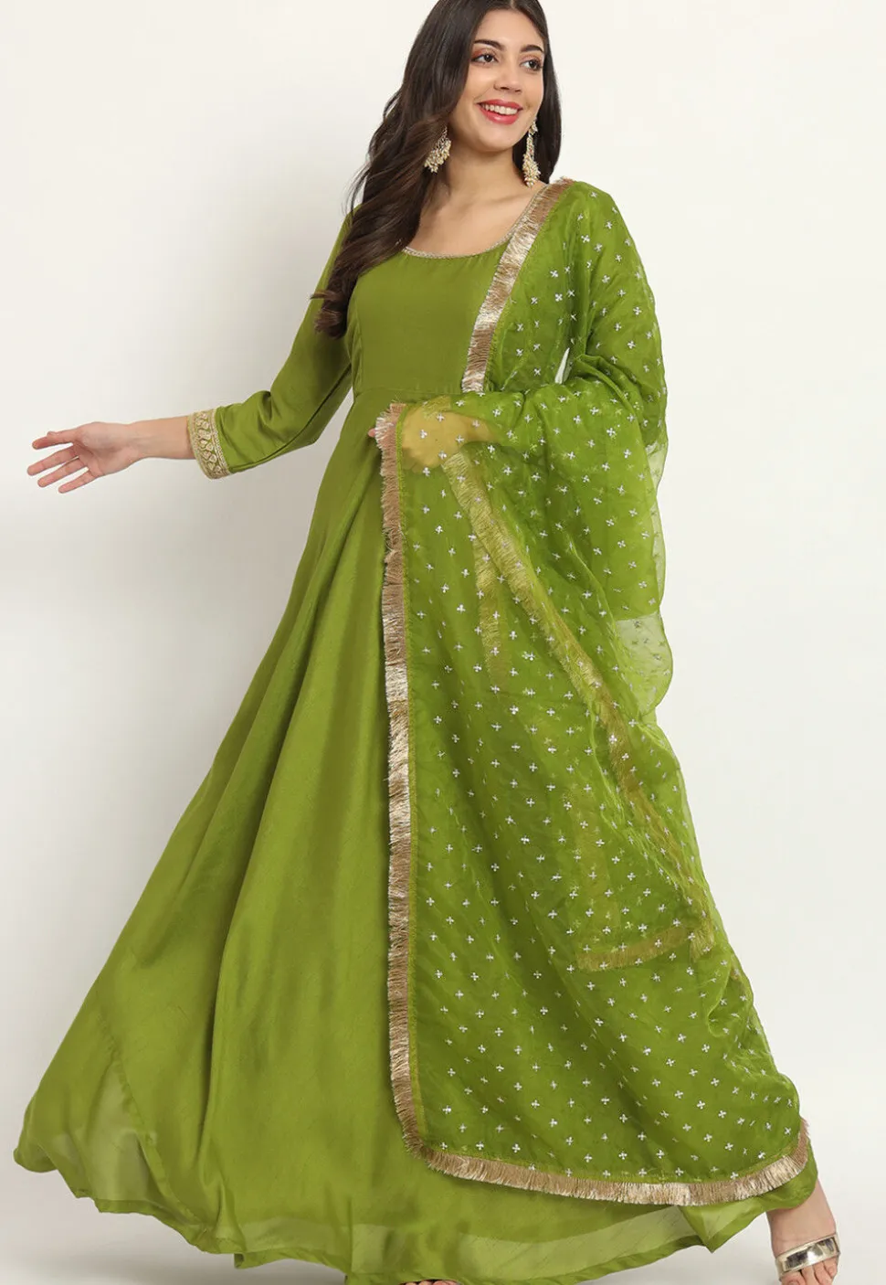 Embroidered Trim Art Silk Abaya Style Suit in Olive Green