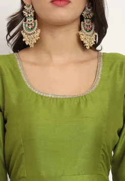Embroidered Trim Art Silk Abaya Style Suit in Olive Green