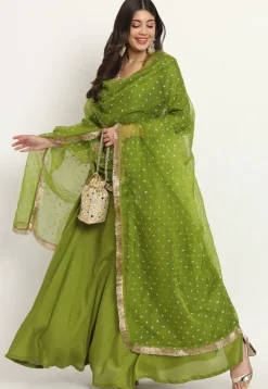Embroidered Trim Art Silk Abaya Style Suit in Olive Green