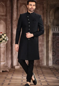 Embroidered Trim Art Silk Sherwani in Black