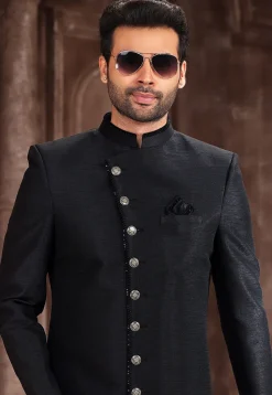 Embroidered Trim Art Silk Sherwani in Black