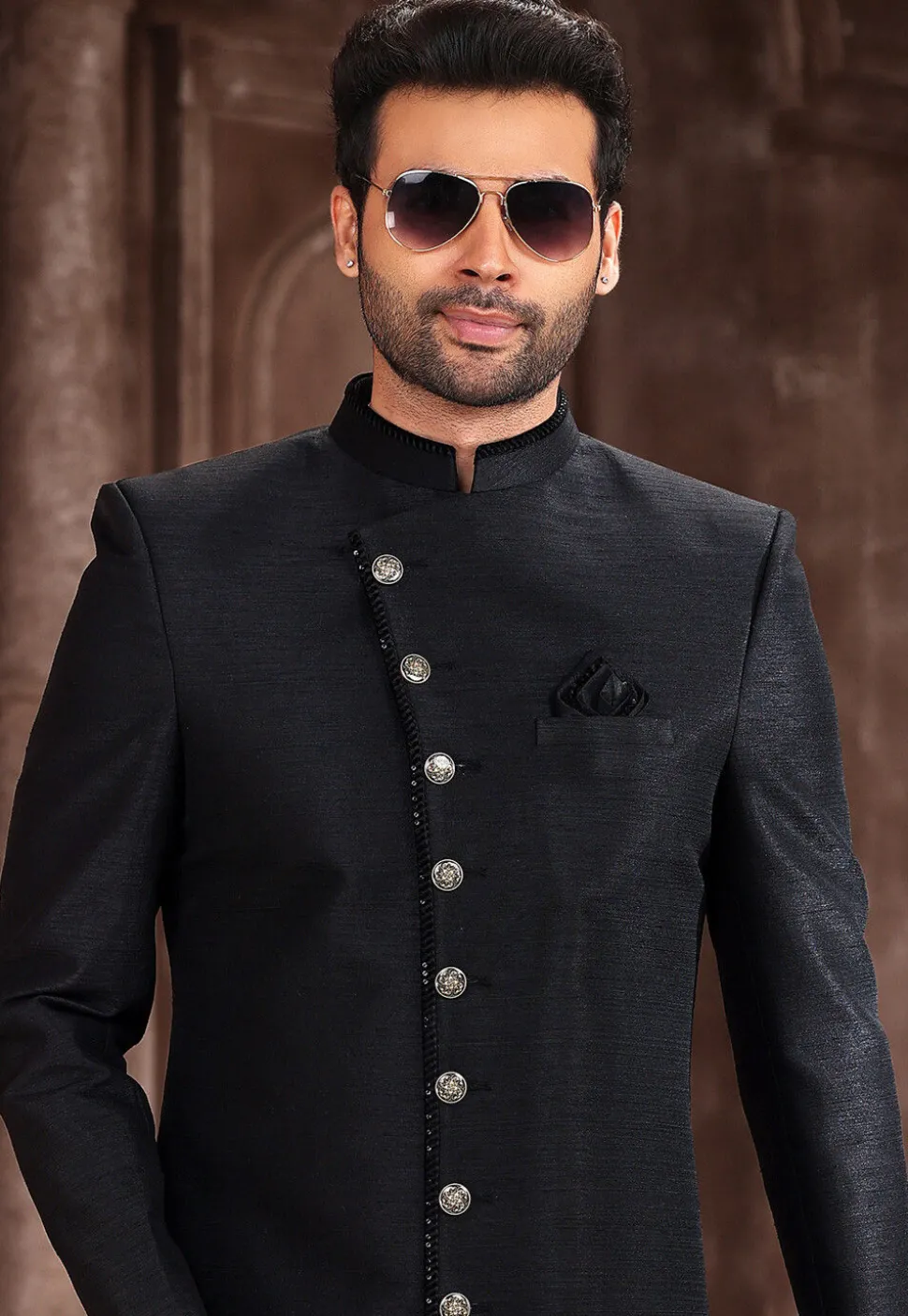 Embroidered Trim Art Silk Sherwani in Black