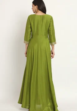 Embroidered Trim Art Silk Gown in Green