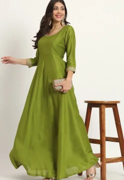 Embroidered Trim Art Silk Gown in Green