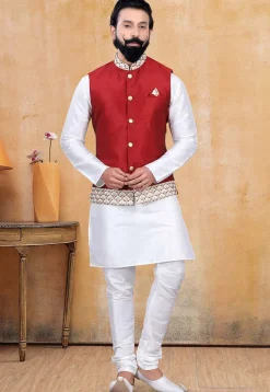 Embroidered Trim Art Silk Nehru Jacket in Red