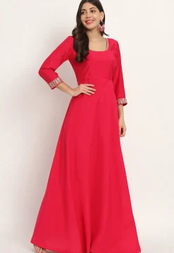 Embroidered Trim Art Silk Gown in Fuchsia