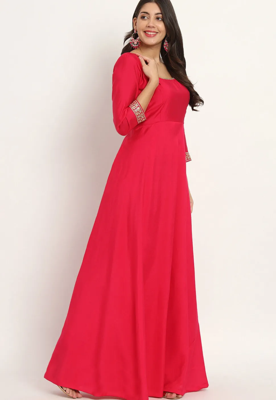 Embroidered Trim Art Silk Gown in Fuchsia