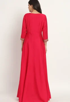Embroidered Trim Art Silk Gown in Fuchsia