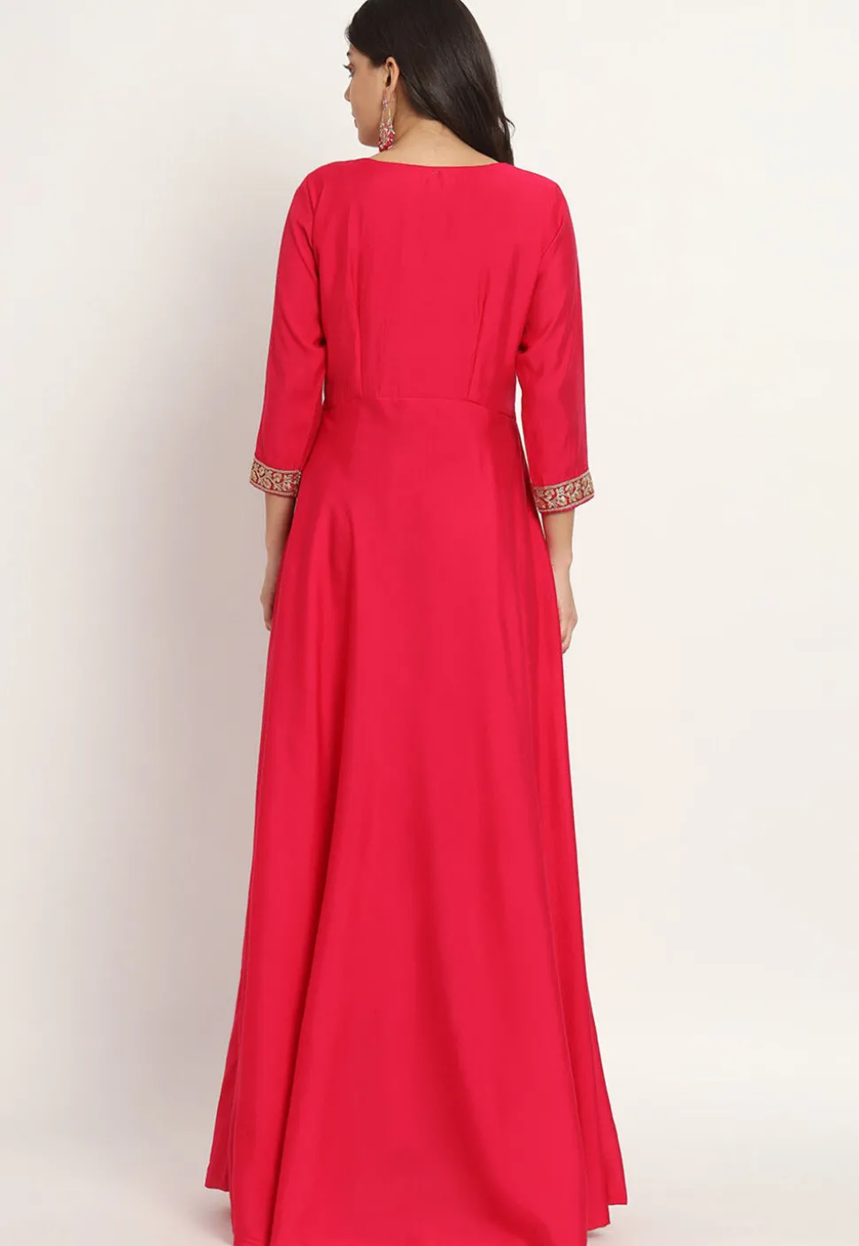 Embroidered Trim Art Silk Gown in Fuchsia