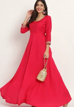 Embroidered Trim Art Silk Gown in Fuchsia