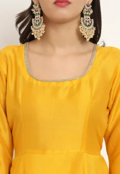 Embroidered Trim Art Silk Gown in Yellow