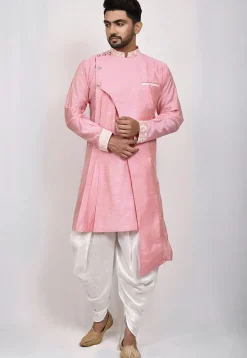 Embroidered Trim Art Silk Layered Dhoti Kurta in Pink