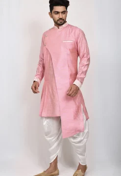 Embroidered Trim Art Silk Layered Dhoti Kurta in Pink
