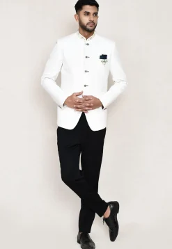 Embroidered Trim Cotton Linen Jodhpuri Suit in Off White