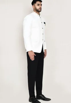 Embroidered Trim Cotton Linen Jodhpuri Suit in Off White