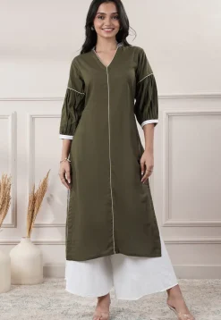 Embroidered Trim Cotton Slub A Line Kurta in Olive Green