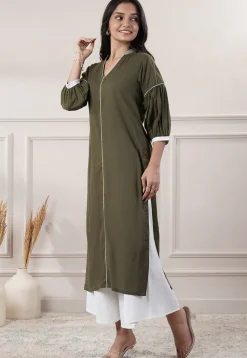 Embroidered Trim Cotton Slub A Line Kurta in Olive Green