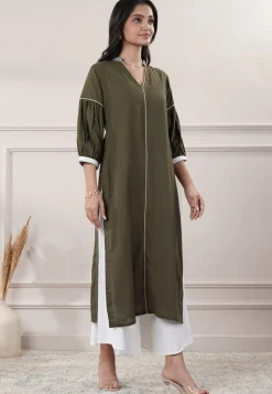 Embroidered Trim Cotton Slub A Line Kurta in Olive Green