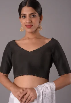 Embroidered Trim Cotton Silk Blouse in Black