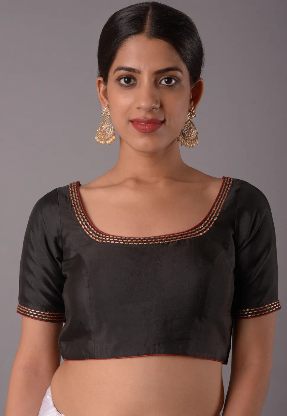 Embroidered Trim Crepe Blouse in Black