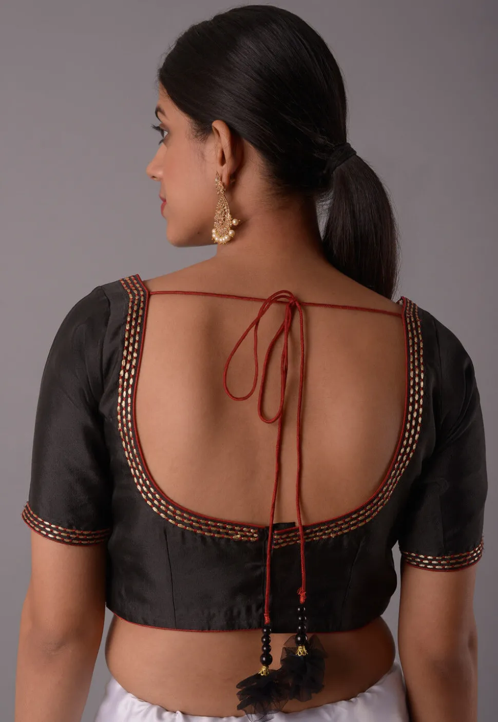 Embroidered Trim Crepe Blouse in Black
