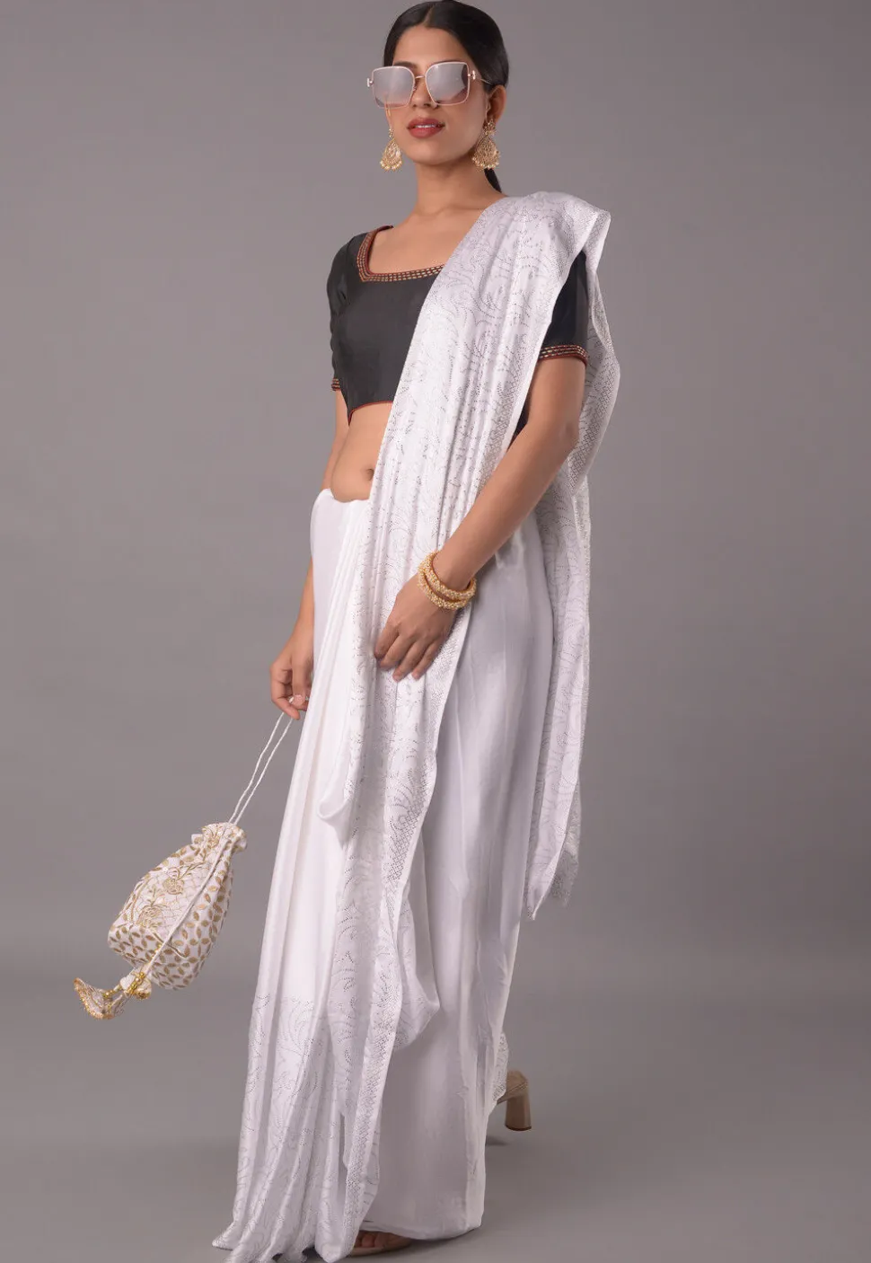 Embroidered Trim Crepe Blouse in Black