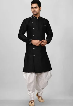Embroidered Trim Dupion Silk Dhoti Kurta in Black