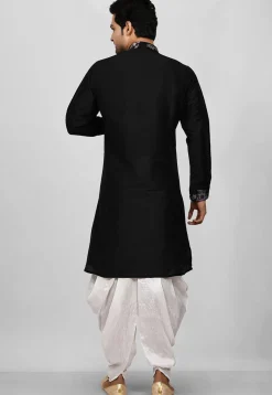 Embroidered Trim Dupion Silk Dhoti Kurta in Black