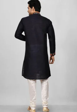 Embroidered Trim Dupion Silk Sherwani in Navy Blue