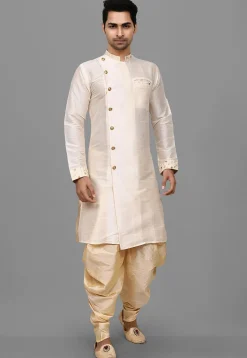 Embroidered Trim Dupion Silk Dhoti Kurta in Off White