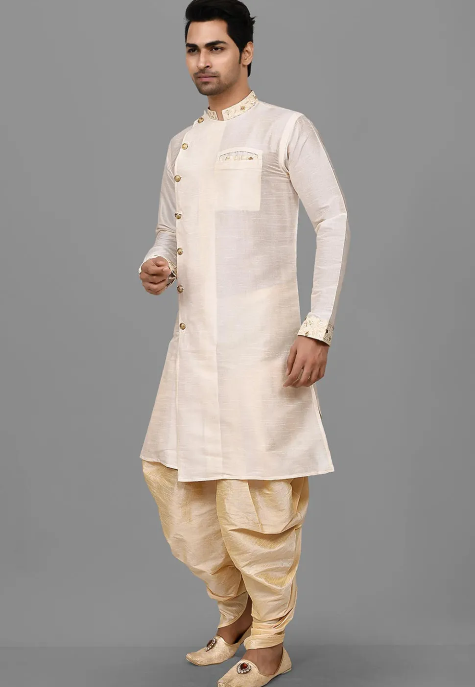Embroidered Trim Dupion Silk Dhoti Kurta in Off White