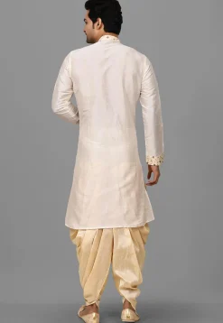 Embroidered Trim Dupion Silk Dhoti Kurta in Off White