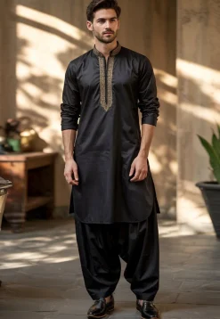 Embroidered Trim Pure Cotton Kurta Set in Black